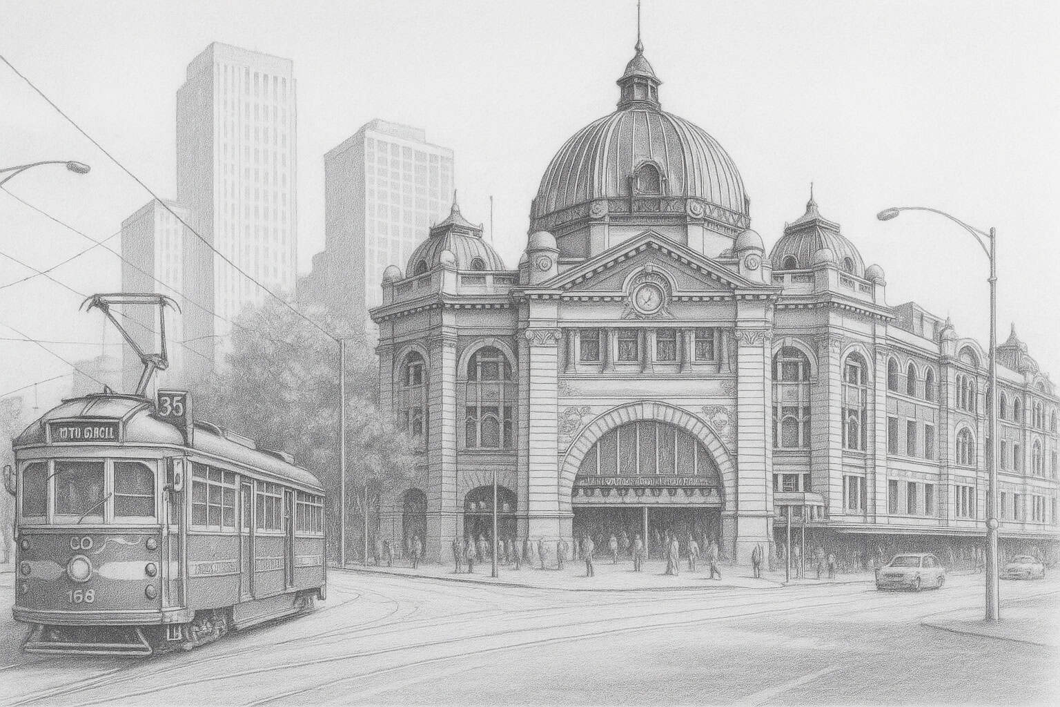 Detailed pencil sketch of a classic Melbourne city scene, featuring a historic tram and the iconic Flinders Street Station, symbolizing tradition, innovation, and connection — values central to BlogLogistics and founder Roger Wheatley.