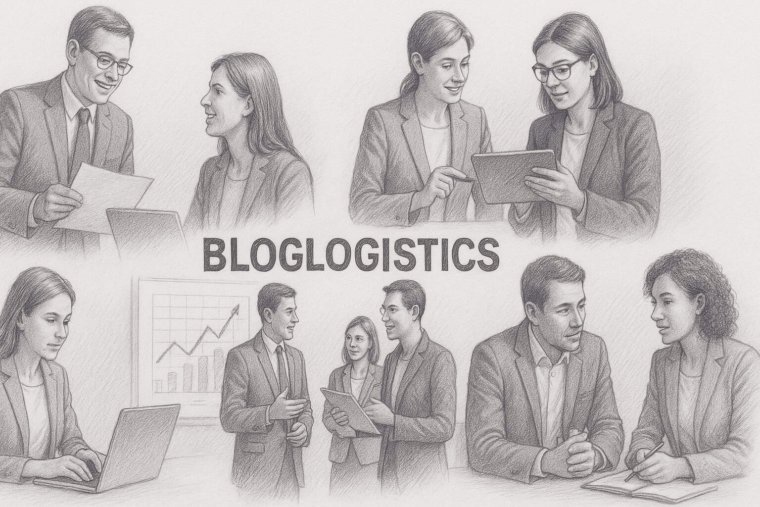 Pencil-style illustration of business professionals collaborating in various office scenes, featuring the BlogLogistics brand—specialists in custom WordPress design and managed hosting for small businesses.