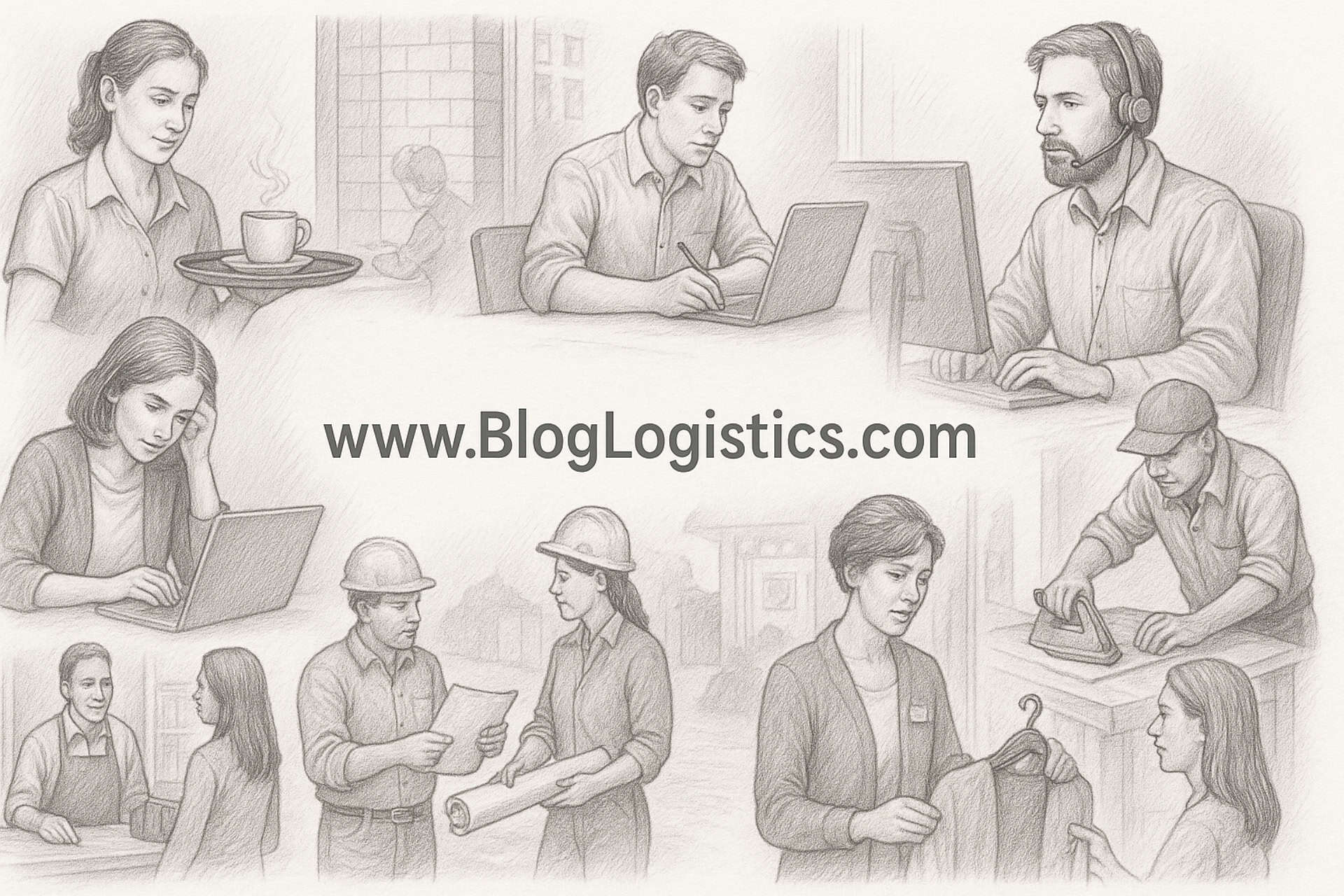 Graphite-style montage of professionals working in various industries, with www.BlogLogistics.com featured - highlighting BlogLogistics’ support for small businesses through expert website design and reliable WordPress hosting.