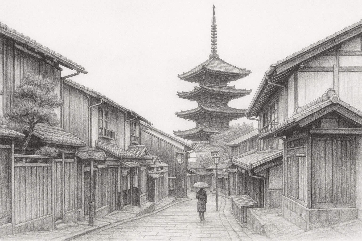 Intricate pencil sketch of a quiet Kyoto street, featuring traditional wooden houses and a five-storey pagoda, representing cultural depth, global inspiration, and the thoughtful foundation behind BlogLogistics and founder Roger Wheatley.