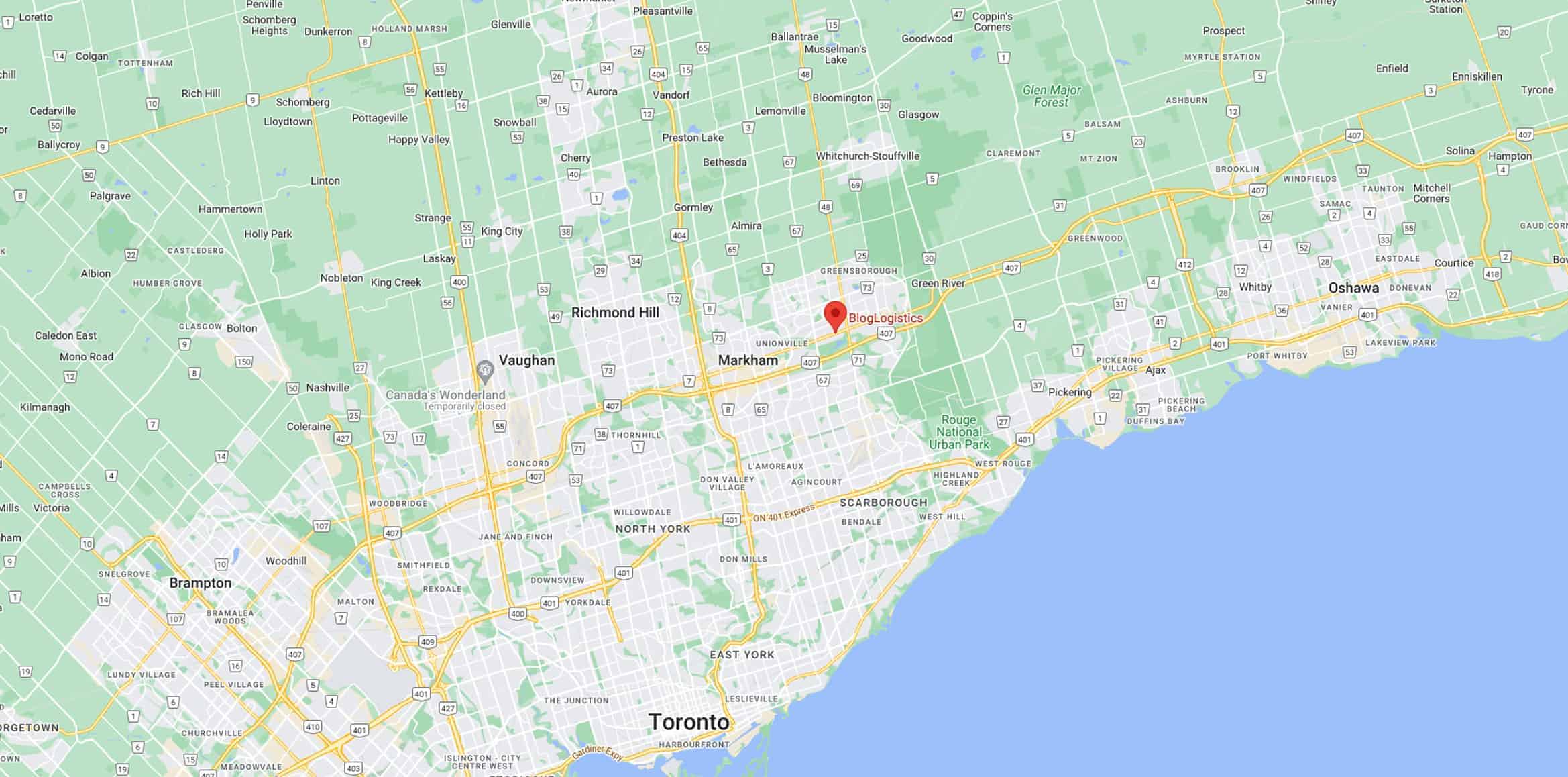 Map showing the service area of BlogLogistics with location marked near Markham, Ontario, serving Toronto, York Region, and the Greater Toronto Area.