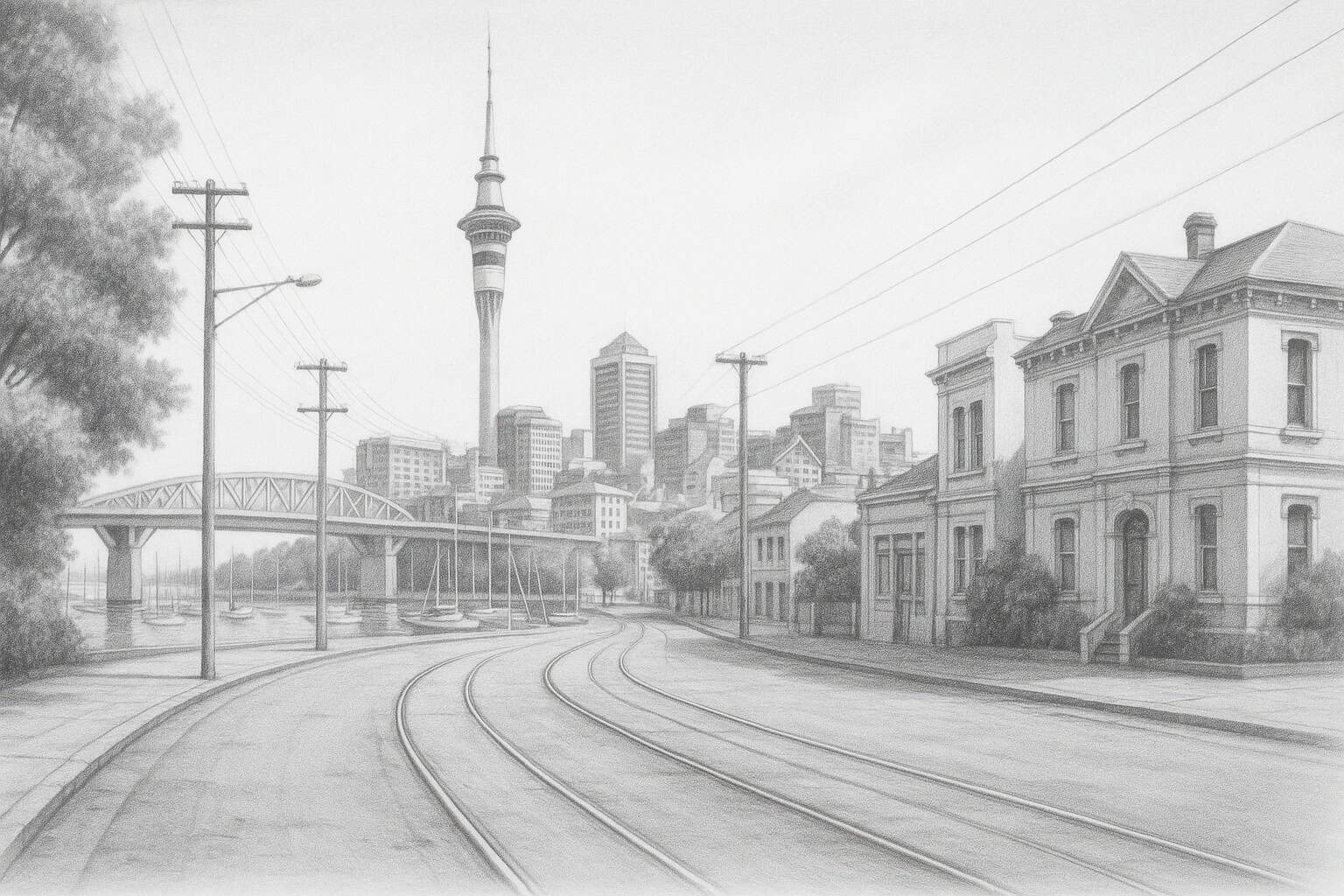 Elegant pencil sketch of Auckland’s waterfront with historic buildings, a bridge, and the Sky Tower rising above the cityscape, highlighting resilience, growth, and the global outlook that shape BlogLogistics and founder Roger Wheatley.