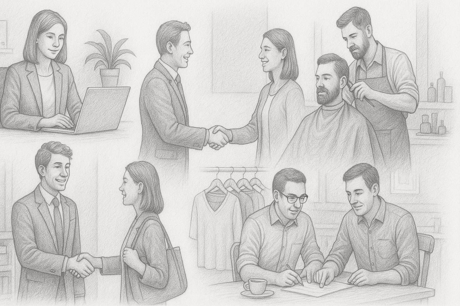 Detailed pencil sketch of small business owners working, collaborating, and engaging with customers, reflecting the dedication, community spirit, and hands-on support that define BlogLogistics and founder Roger Wheatley.