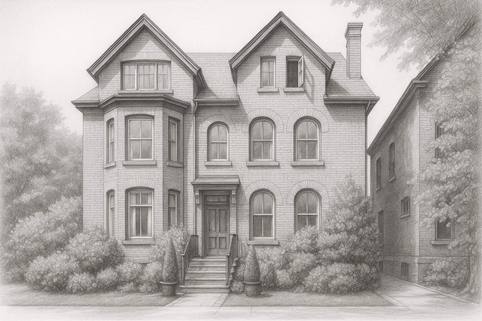 A detailed graphite drawing of a stately heritage home with lush landscaping and refined architectural features, reflecting perseverance, community roots, and the entrepreneurial spirit at the heart of BlogLogistics and founder Roger Wheatley.
