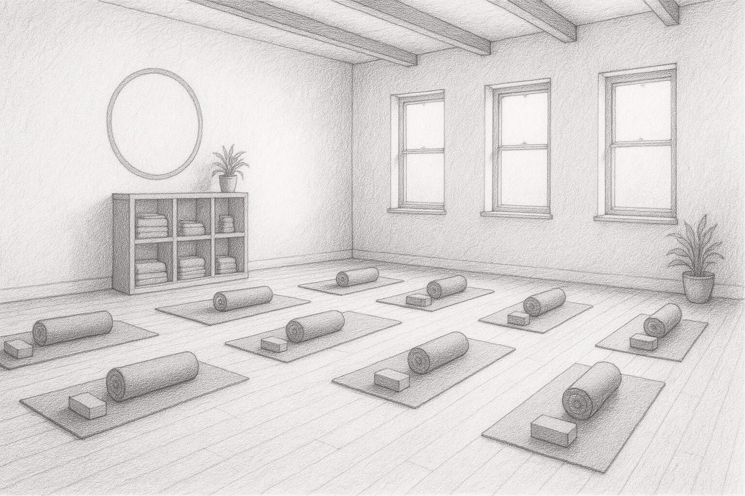Detailed pencil sketch of a serene yoga studio with mats, blocks, and bolsters neatly arranged, symbolizing balance, mindfulness, and the thoughtful approach embodied by BlogLogistics and founder Roger Wheatley.