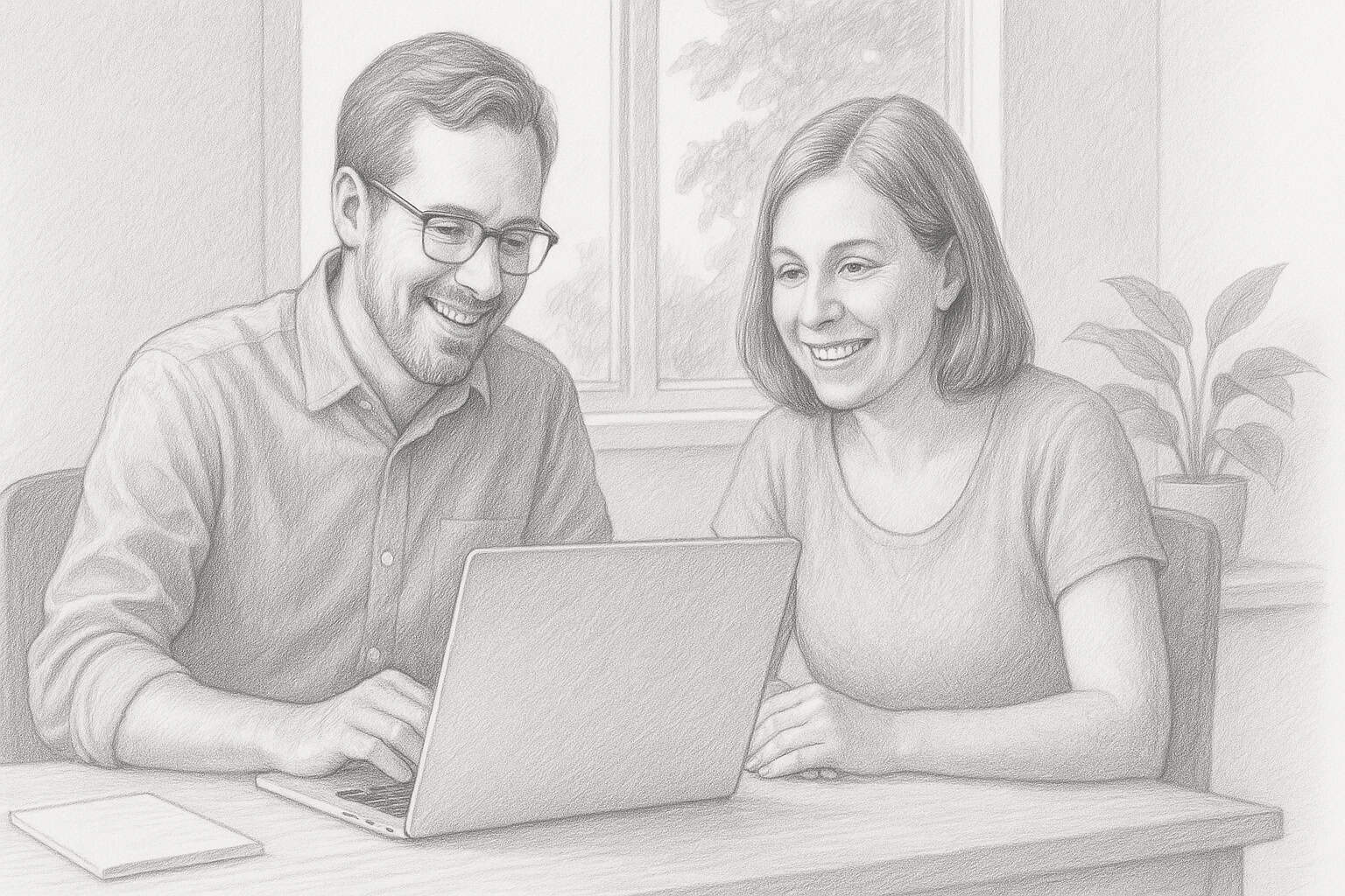 Detailed pencil sketch of a friendly web designer collaborating with a small-business client, both smiling while reviewing a website on a laptop, representing the approachable, professional service offered by BlogLogistics and founder Roger Wheatley. Detailed pencil sketch of a friendly web designer collaborating with a small-business client, both smiling while reviewing a website on a laptop, representing the approachable, professional service offered by BlogLogistics and founder Roger Wheatley.