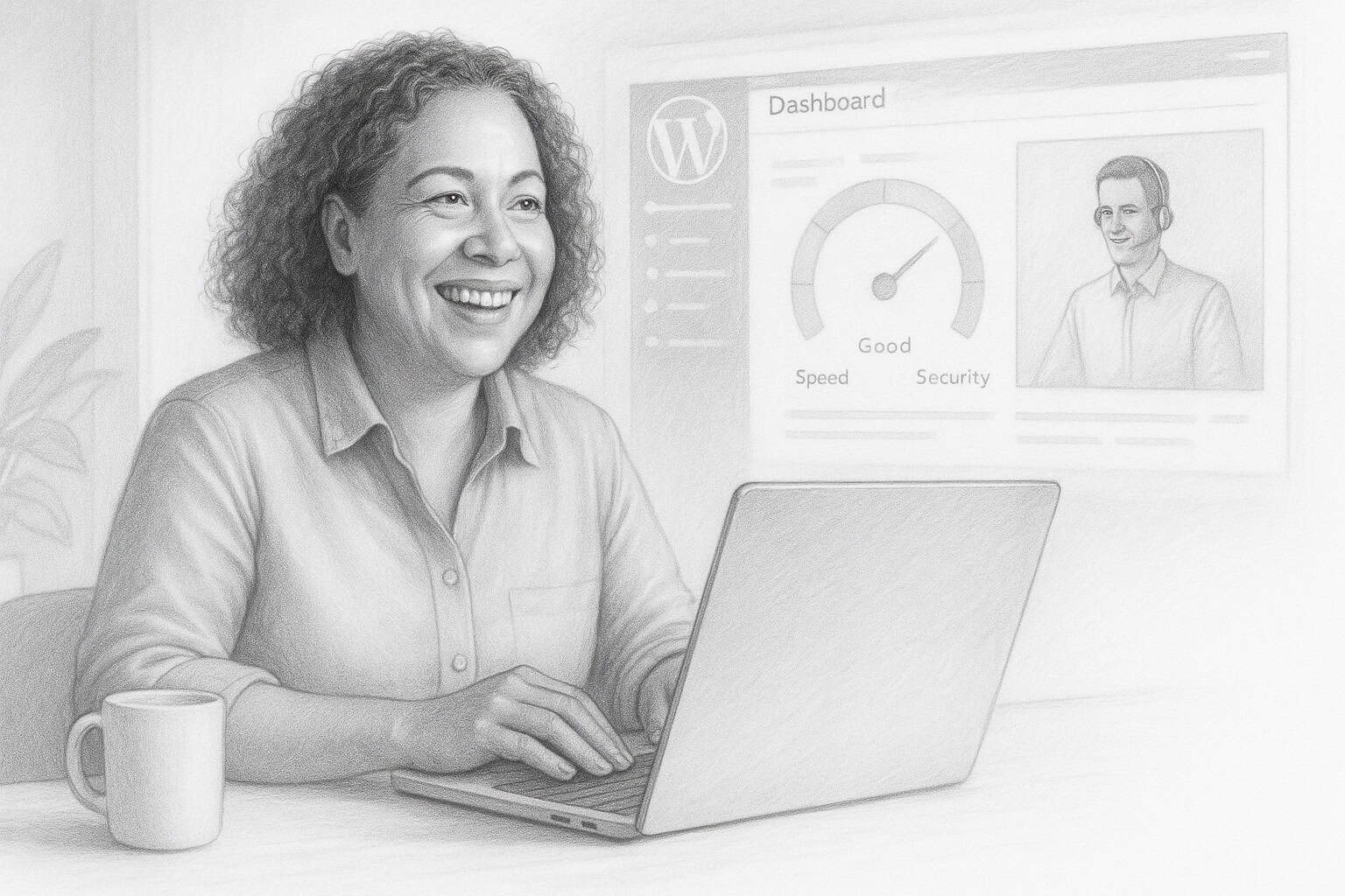 A relaxed small business owner smiles confidently while working on a laptop, with a WordPress dashboard and BlogLogistics support featured in the background, featuring founder Roger Wheatleyβconveying reliable hosting and personal support. A relaxed small business owner smiles confidently while working on a laptop, with a WordPress dashboard and BlogLogistics support featured in the background, featuring founder Roger Wheatleyβconveying reliable hosting and personal support.