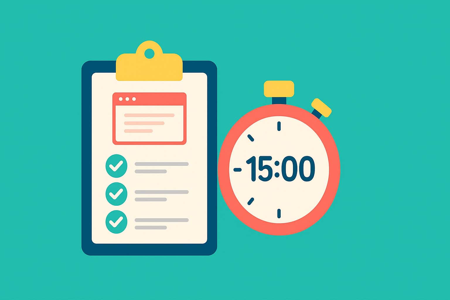Illustration of a clipboard displaying a website checklist beside a stopwatch reading 15:00, symbolizing a 15 minute website checkup.