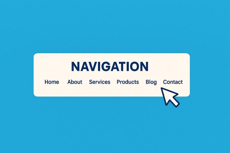 Illustration of a website navigation bar with seven menu items on a blue background, visually representing the 7-link rule for simplified site navigation.
