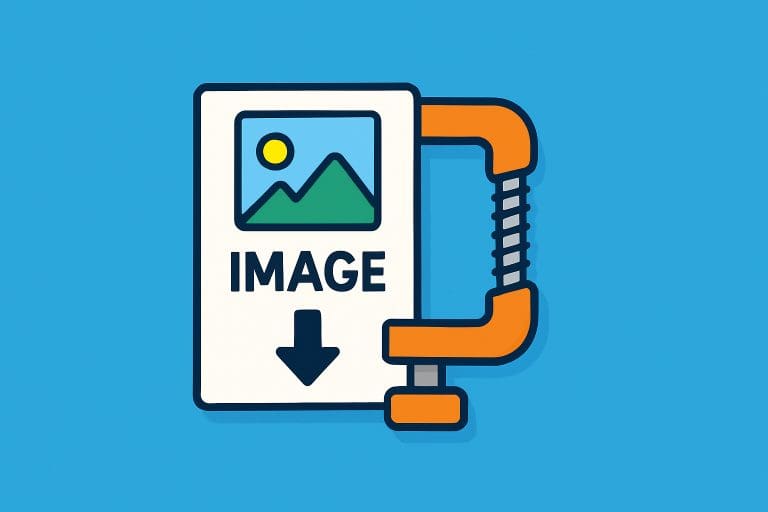 Illustration of a file icon being reduced in size with arrows and a progress bar, set against a colourful background, representing the process of compressing images.