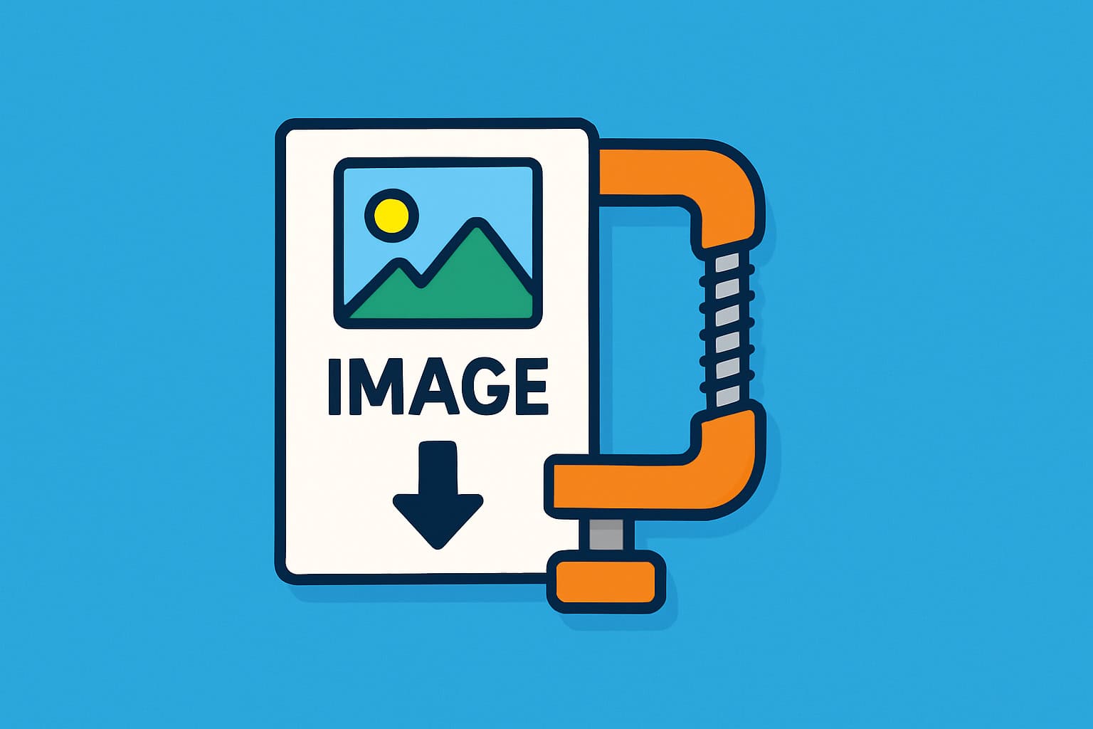 Illustration of a file icon being reduced in size with arrows and a progress bar, set against a colourful background, representing the process of compressing images.