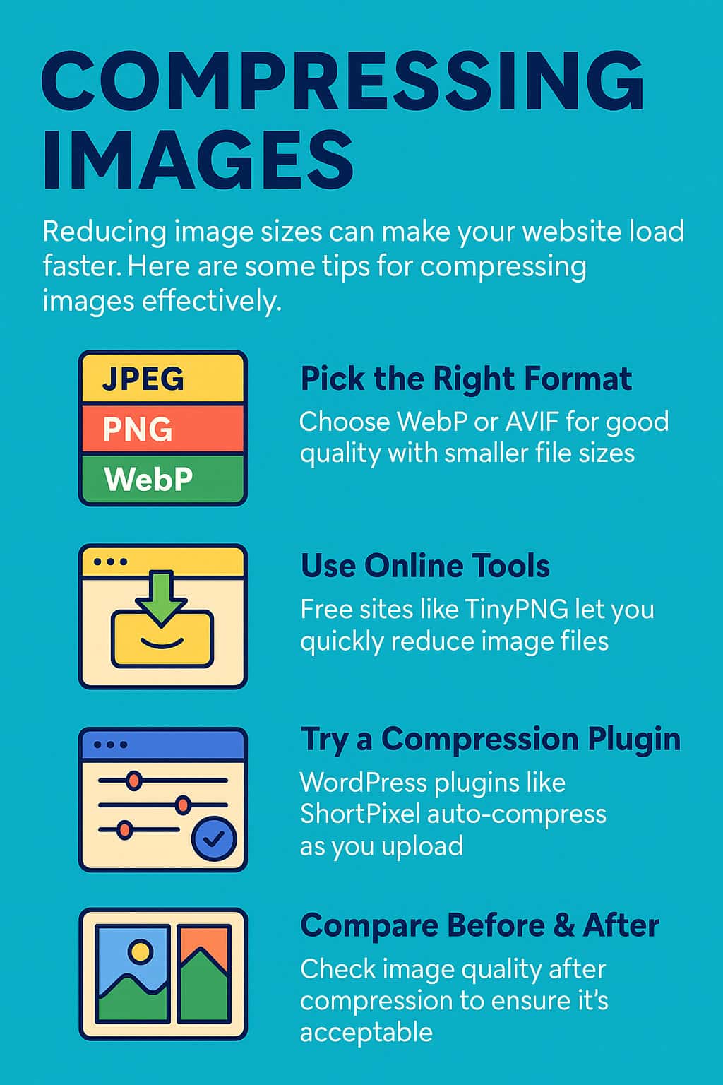 Infographic titled "Compressing Images" with colourful icons and tips showing how compressing images improves website speed using tools like TinyPNG and ShortPixel.