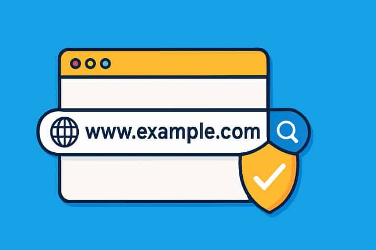Illustration of a web address bar with a cursor clicking on it, set against a colourful background, symbolising secure and accurate domain name info management.