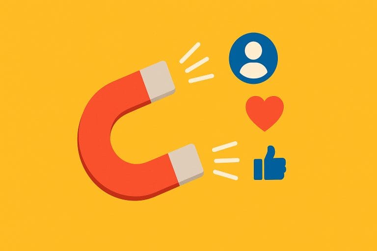 Illustration of a red magnet attracting icons for user interaction, including a heart, thumbs-up, and user profile, symbolising improved engagement rate.
