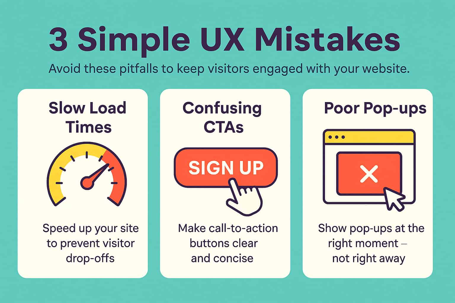 Infographic titled "3 Simple UX Mistakes" featuring icons and tips on improving engagement rate by fixing slow load times, confusing CTAs, and poorly timed pop-ups.