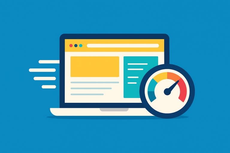 Illustration of a fast-loading website showing a laptop with a speedometer, symbolizing website speed and performance, on a colourful blue background.