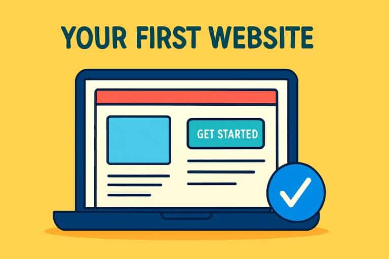 Illustration of a colourful web page layout on a bright background, symbolising the planning and design process of building your first website.