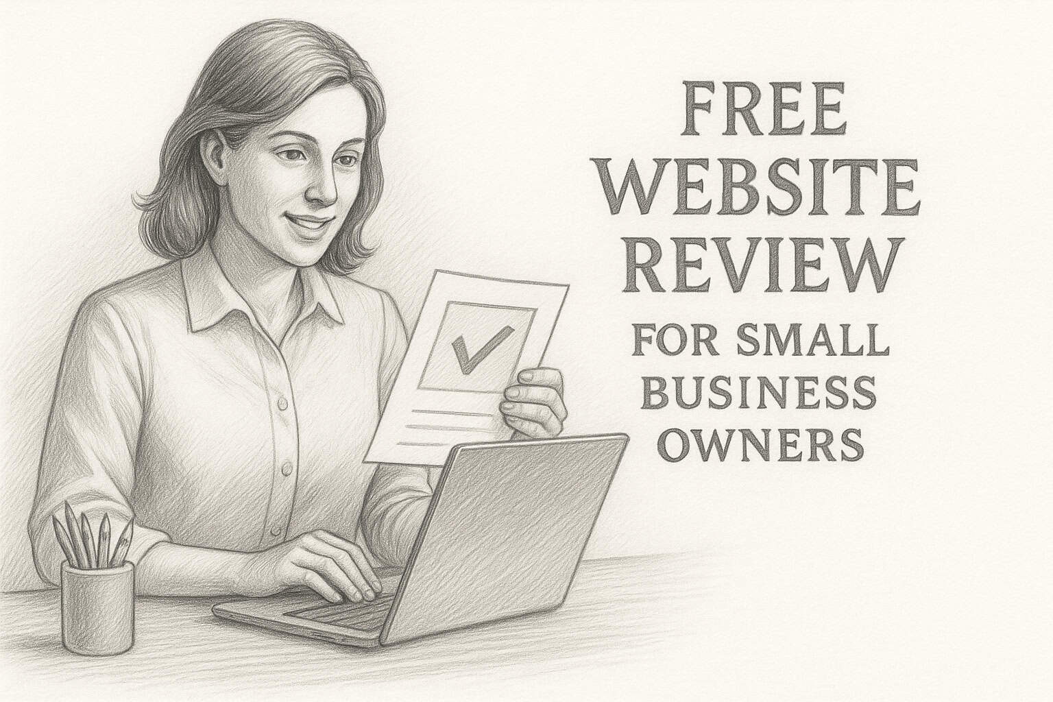 Graphite pencil drawing of a woman reviewing a website on a laptop with a checklist in hand, promoting a free website review for small business owners. Graphite pencil drawing of a woman reviewing a website on a laptop with a checklist in hand, promoting a free website review for small business owners.