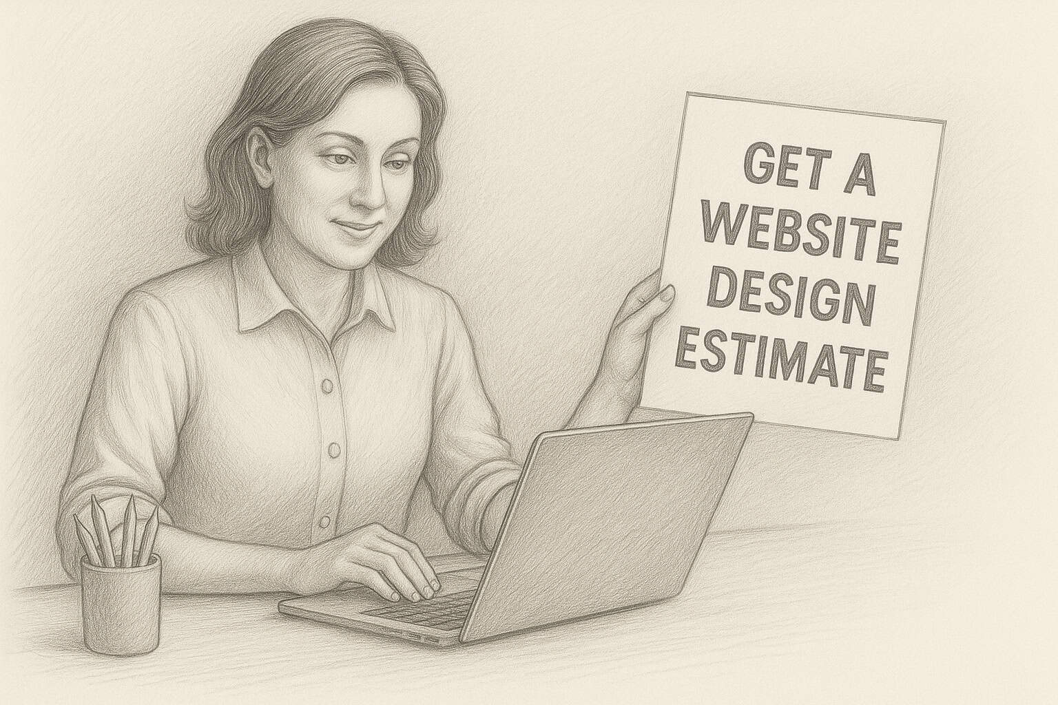 Pencil drawing of a woman at a desk using a laptop and holding a sign that reads βGet a Website Design Estimate,β representing a professional web design quote service. Pencil drawing of a woman at a desk using a laptop and holding a sign that reads βGet a Website Design Estimate,β representing a professional web design quote service.