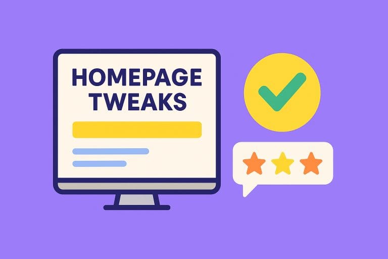 Illustration showing homepage tweaks with a computer screen displaying the words “Homepage Tweaks,” a checkmark, and a review bubble with stars on a purple background.