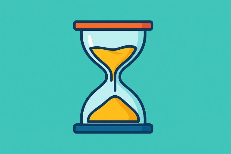 Illustration of a colourful hourglass on a solid turquoise background, symbolising time and used to represent the question: how long does it really take to launch a small-business website.