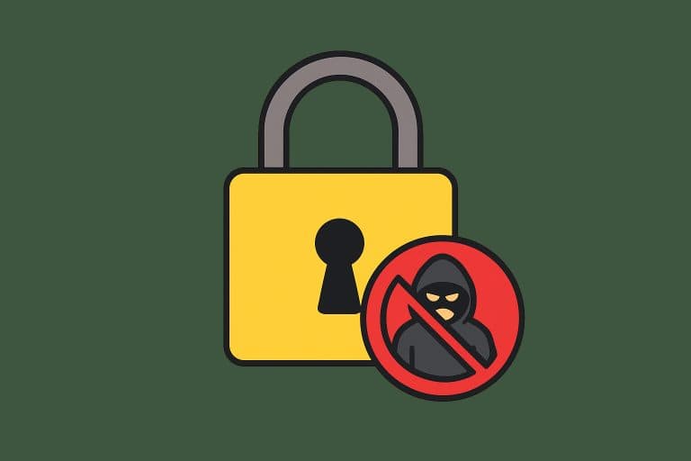 Illustration of a yellow padlock with a no-hacker symbol on a dark green background, representing simple ways to keep hackers out and secure your website.