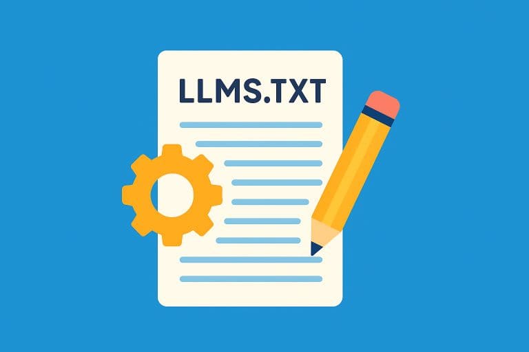Illustration representing the LLM generator for WordPress, featuring a llms.txt document, a gear icon, and a pencil on a blue background.
