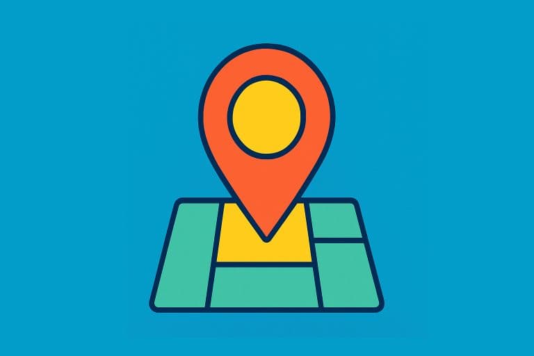 Illustration of a colourful map pin on a location marker symbol, set against a bright background, representing local SEO and helping businesses get found nearby.