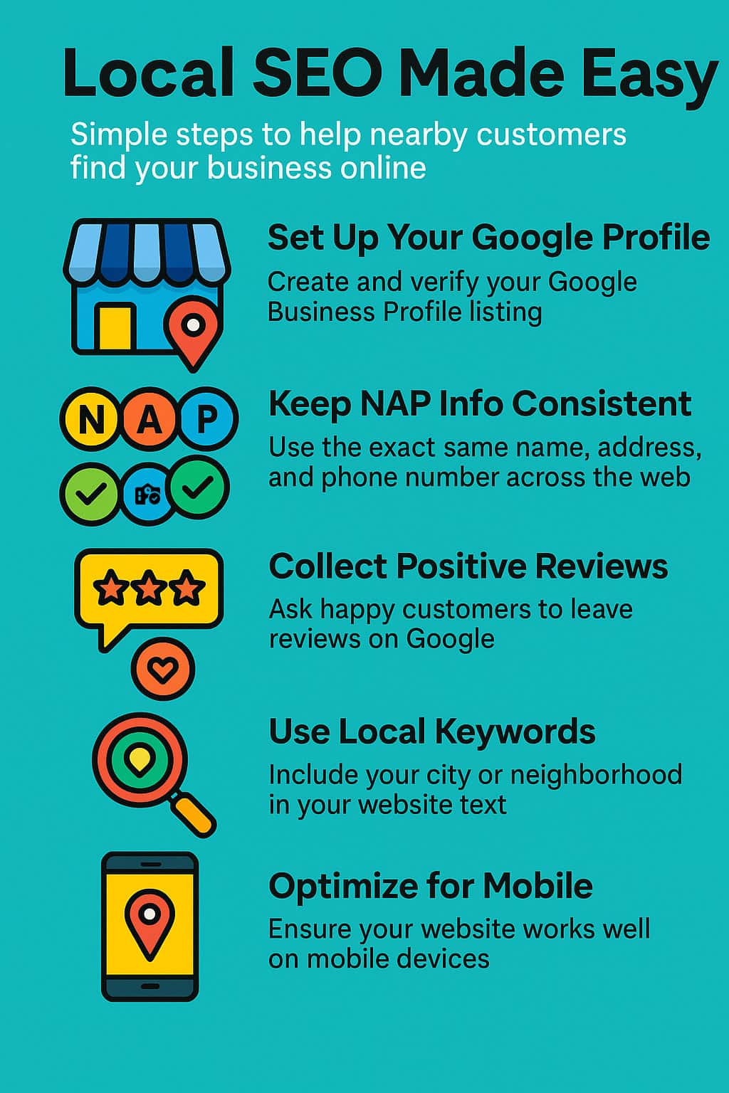 Infographic titled "Local SEO Made Easy" with icons and tips explaining how small businesses can improve local SEO through mobile optimisation, Google Business Profile, reviews, and local keywords.