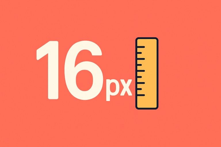 Illustration of a large white letter “16px” with a ruler beside it, on a colourful solid background, representing a readable font size and the importance of clear, legible typography.