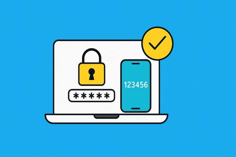 Illustration showing two-factor authentication with a laptop, password field, smartphone displaying a 6-digit code, and a checkmark, symbolising secure login.