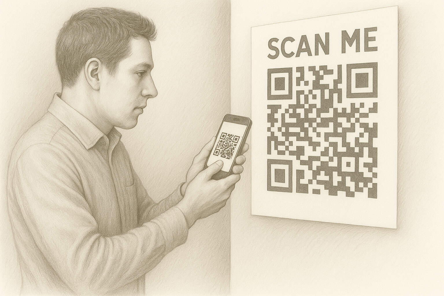 A young business owner scans a poster featuring a QR code created with the URL-to-QR Maker, in a realistic graphite pencil drawing style. A young business owner scans a poster featuring a QR code created with the URL-to-QR Maker, in a realistic graphite pencil drawing style.