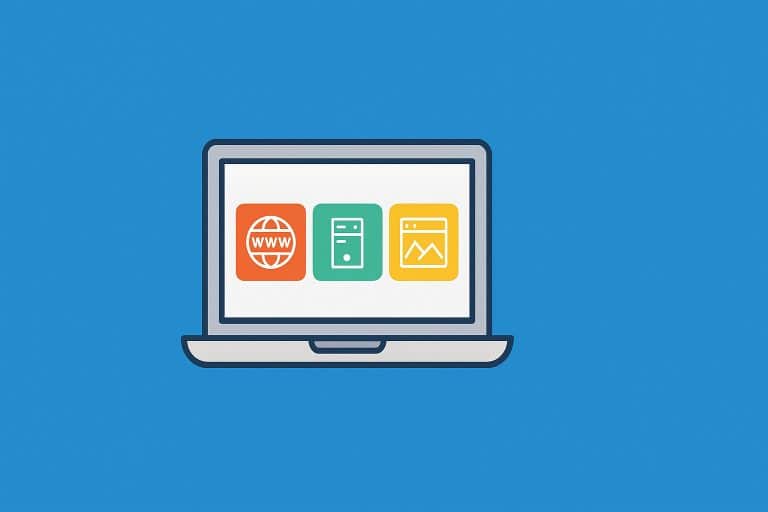Illustration of a laptop displaying icons for domain, hosting, and design on a blue background, representing website basics in a clear and colourful style.