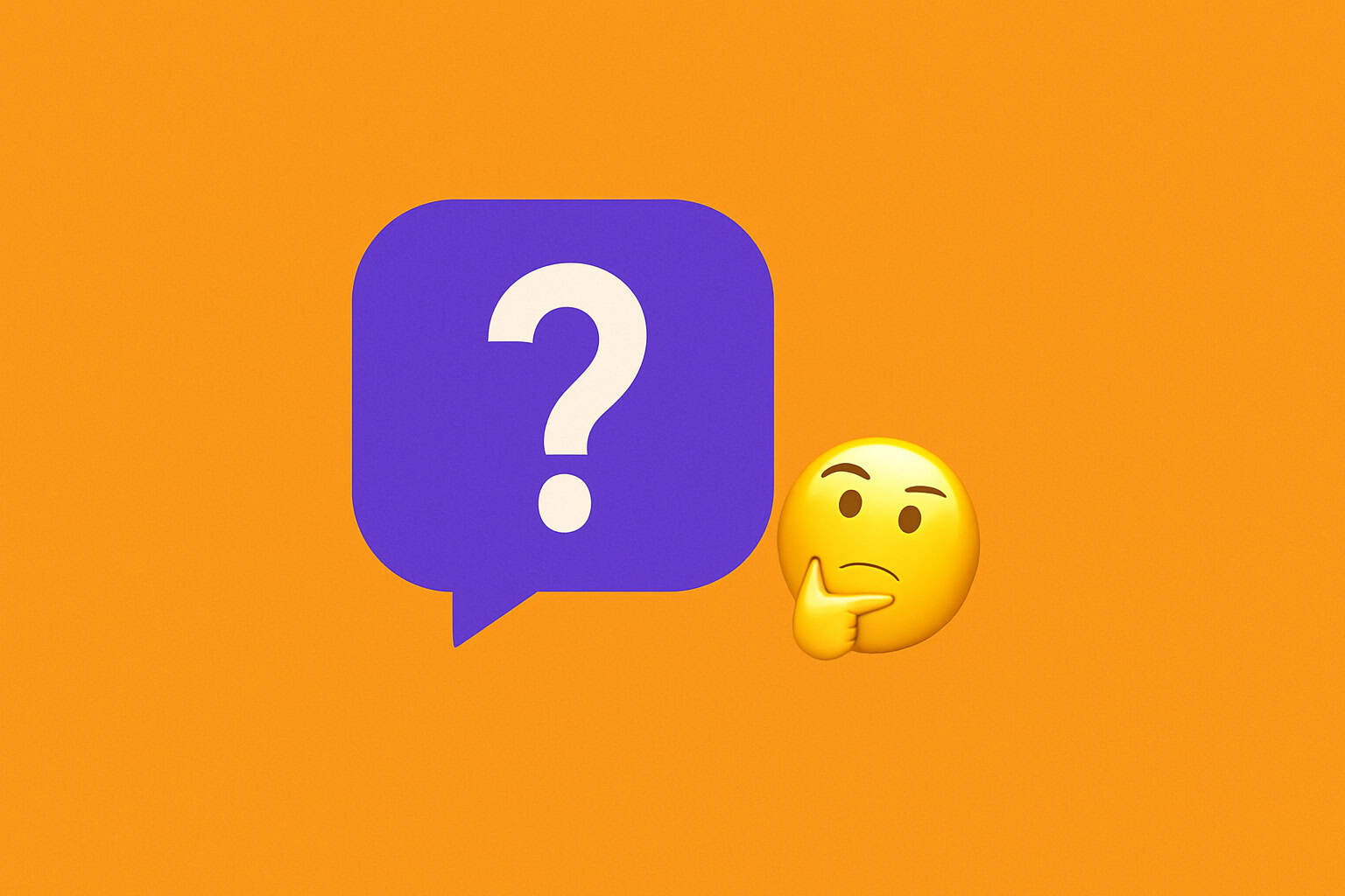 Bright orange background with a large purple question mark speech bubble and thinking face emoji, representing a fun website quiz concept.